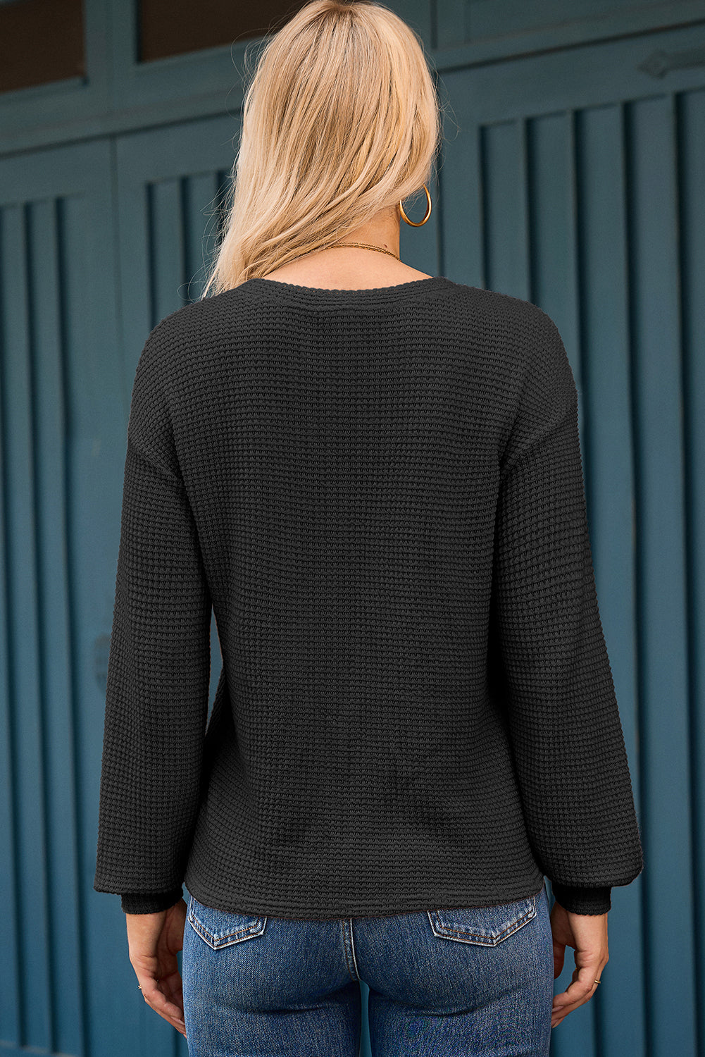 Black Button Notched Neck Waffle Knit Long Sleeve Top