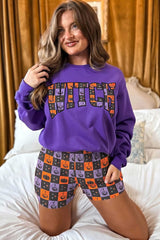 Orange Witch Letter Print Long Sleeve Top Checkered Elastic Waist Shorts Set