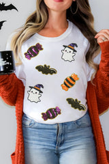 White Sequined Halloween Spirit Pattern Patched Custom Casual Tee