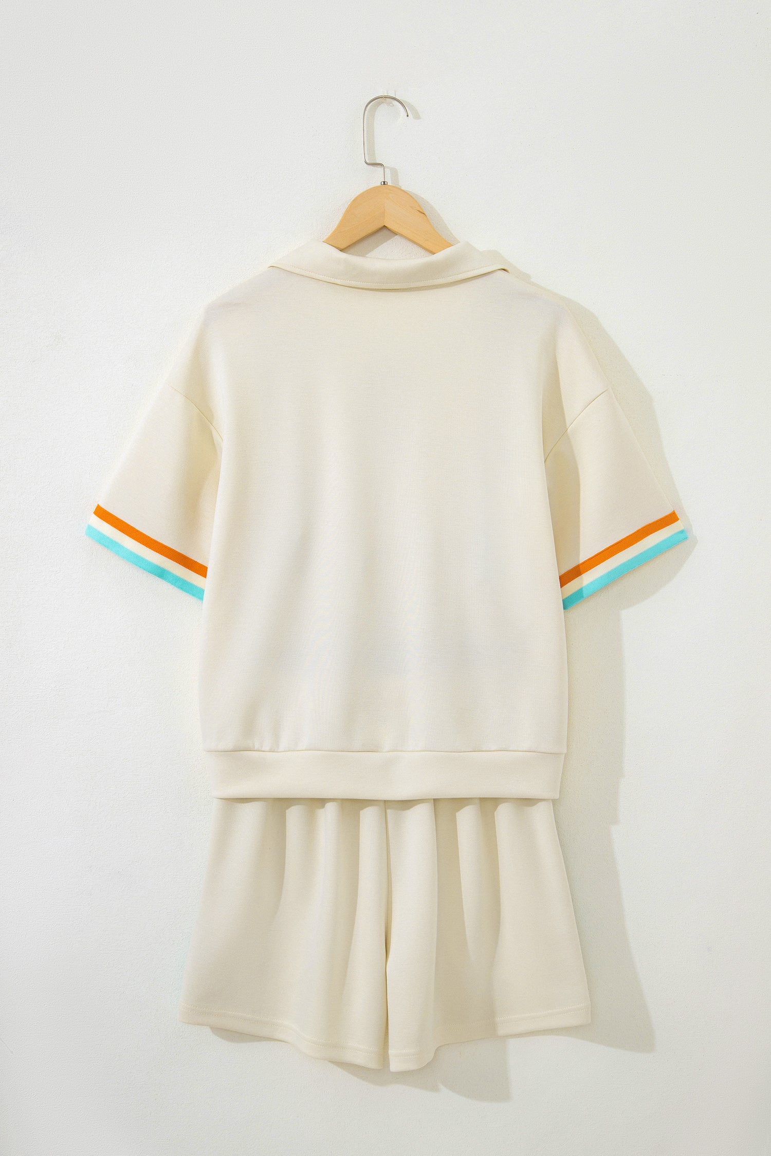 Apricot Colorful Striped Detail Half Zip Polo Tee Loose Shorts Set