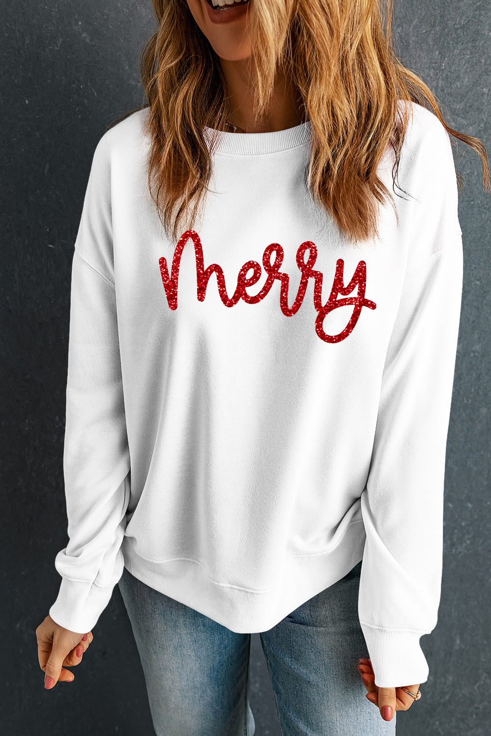 Beige Glitter Merry Graphic Transfer Vinyl Process Crew Neck Sweatshirt