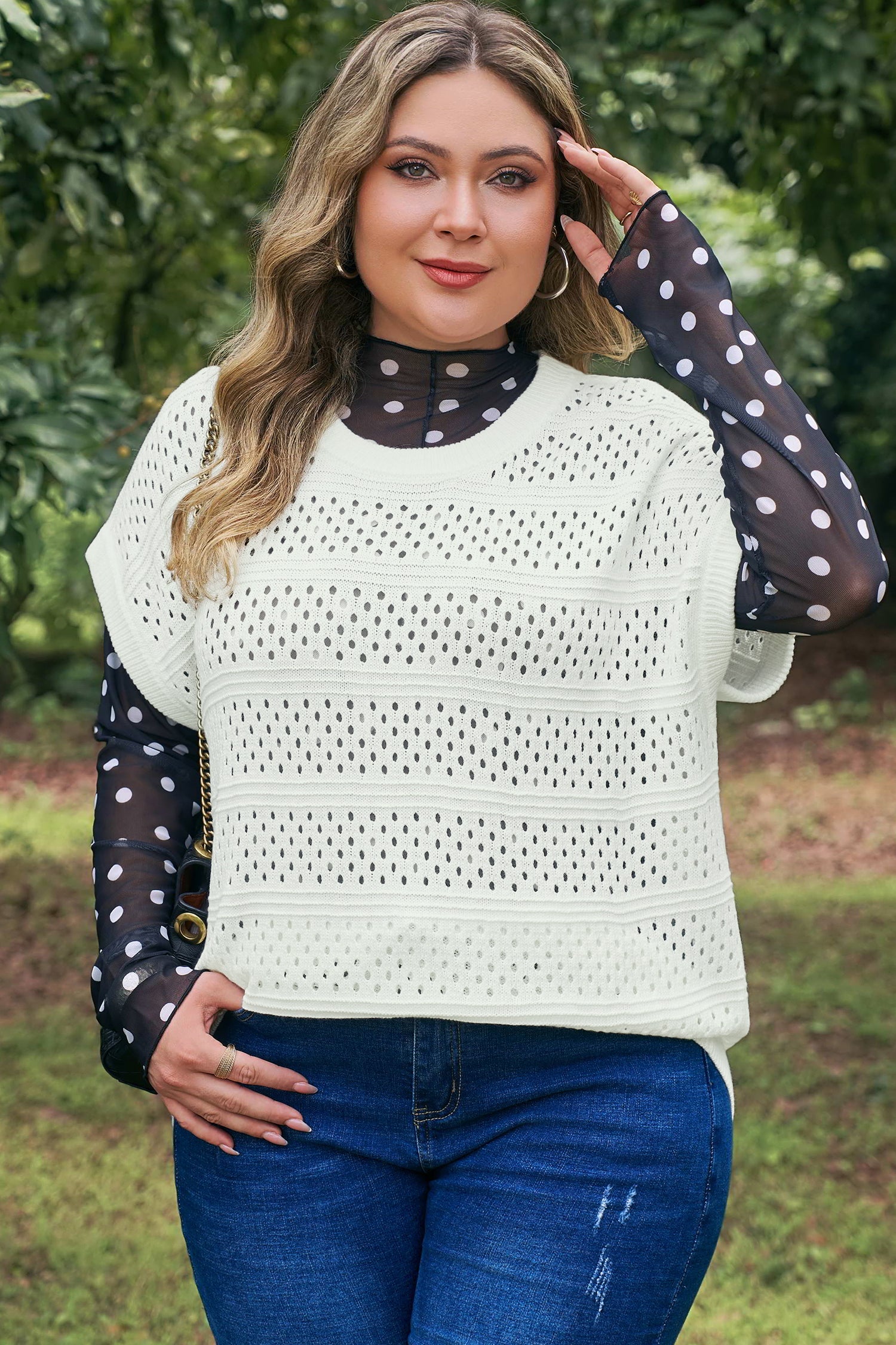 White Plus Size Eyelet Hollow Out Knit Ribbed Trim Short Sleeve Dolman Sweater