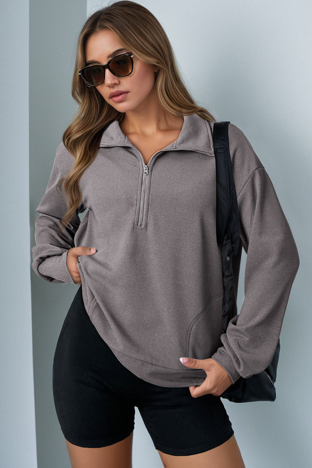 Gray Waffle Texture Collar Half Zip Pocketed Drop Shoulder Sweatshirt