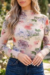 Apricot Floral Mesh Thumbhole Long Sleeve Slim Top