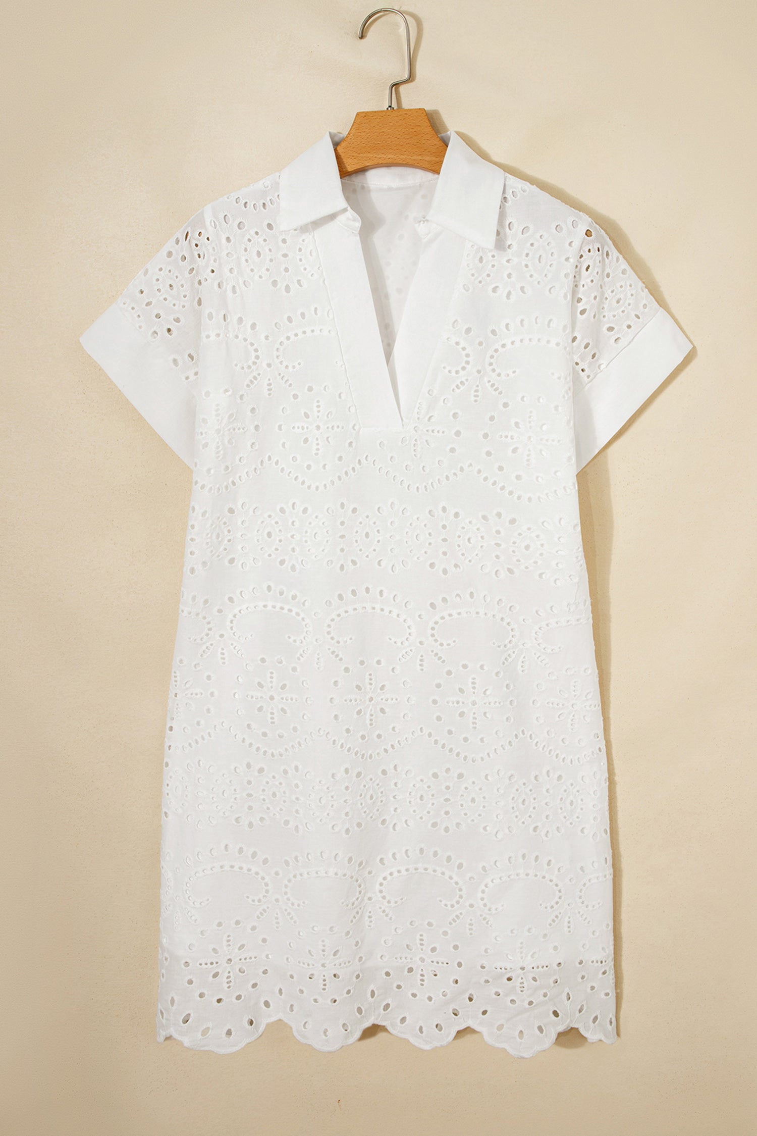 Rose Red Solid Color Eyelet Embroidered T Shirt Mini Dress