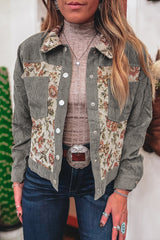 Medium Grey Ribbed Retro Floral Patchwork Jacket
