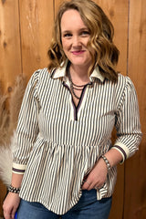 Black Stripe Patchwork Striped V Neck Tunic Plus Size Blouse