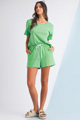 Mint Green V Neck Drop Shoulder Tee and Patchwork Shorts Set