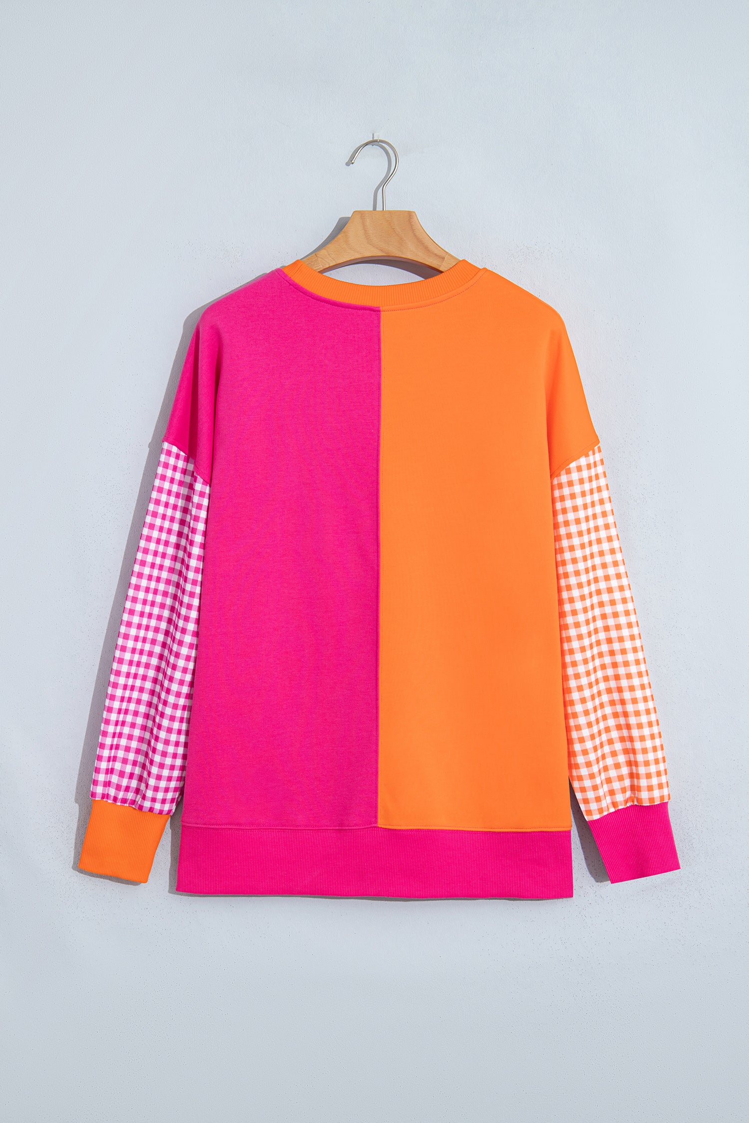 Rose Red Colorblock Gingham Sleeve Crewneck Sweatshirt