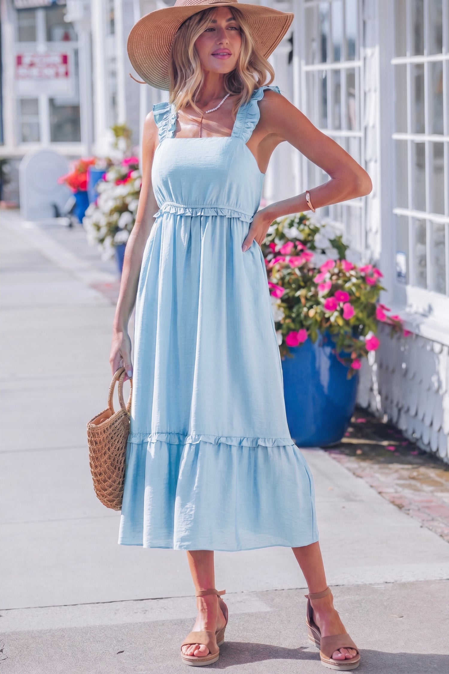 Beau Blue Solid Color Ruffle Trim High Waist Sleeveless Maxi Dress