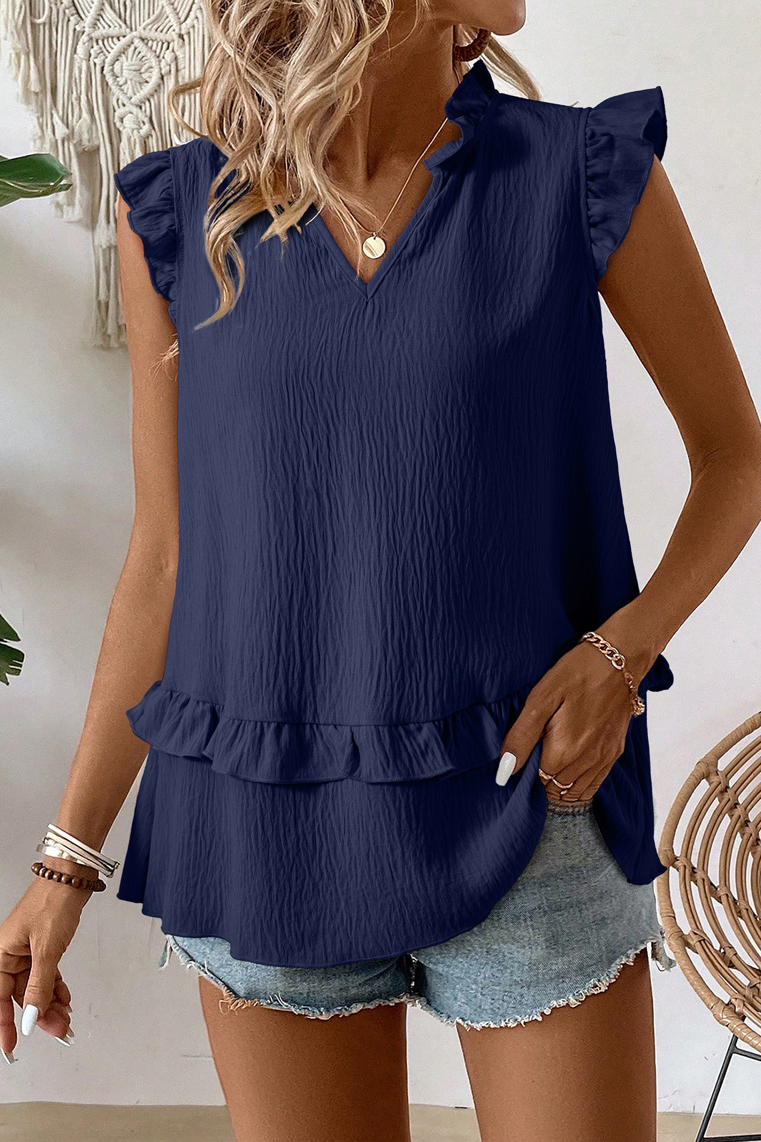 Desert Rose Notched V Neck Ruffle Detail Tank Top