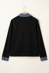 Black Textured Knit Denim Patchwork Button Polo Collar Long Sleeve Top