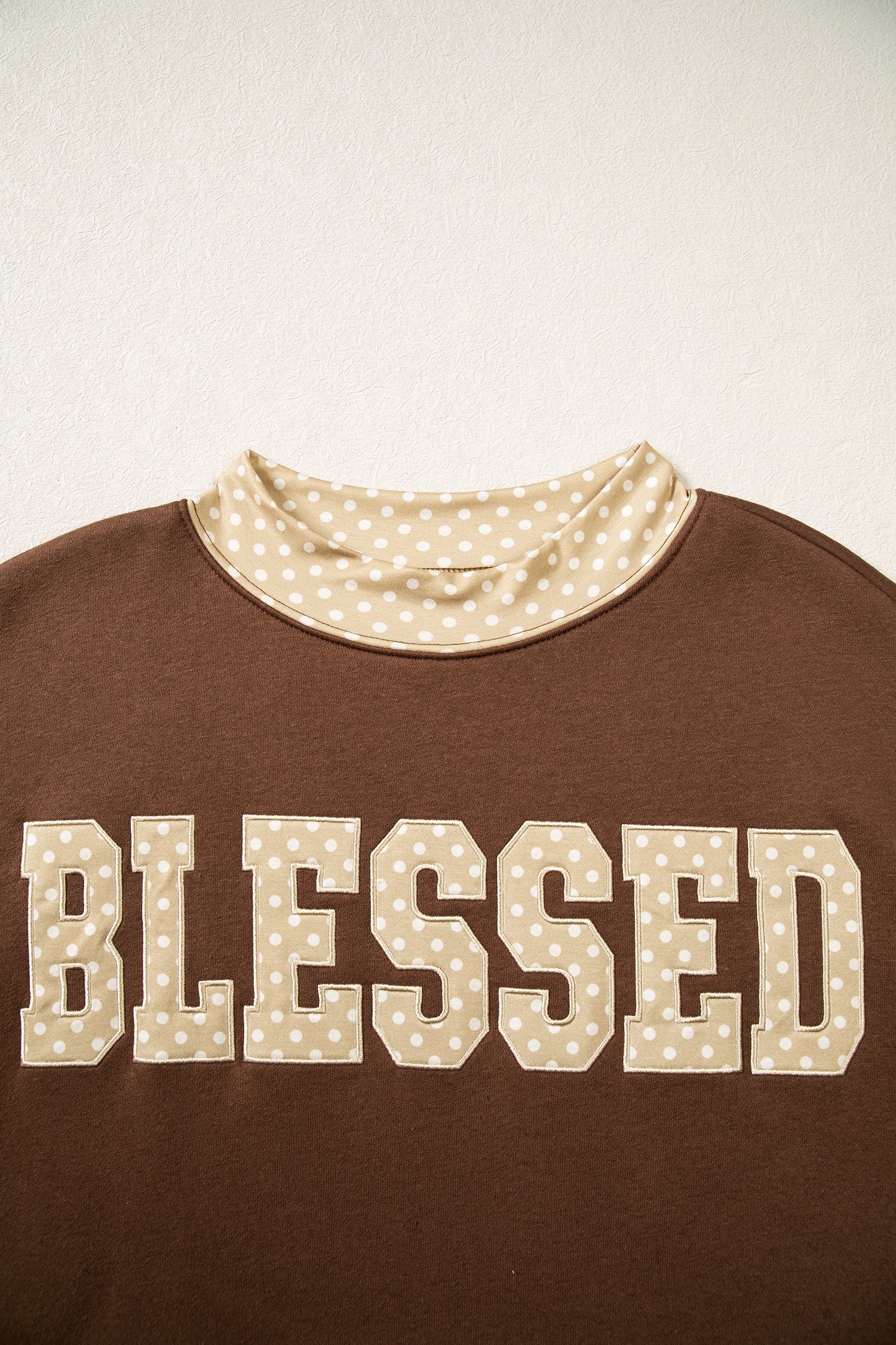 Coffee Polka Dot Trim High Neck BLESSED Letter Graphic Baggy Sweatshirt