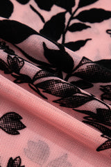 Gossamer Pink Retro Floral Print Mesh Long Sleeve Pullover Blouse