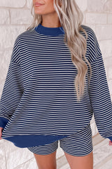 Blue Stripe Ribbed Patchwork Mock Neck Baggy Pullover Matching Shorts Set