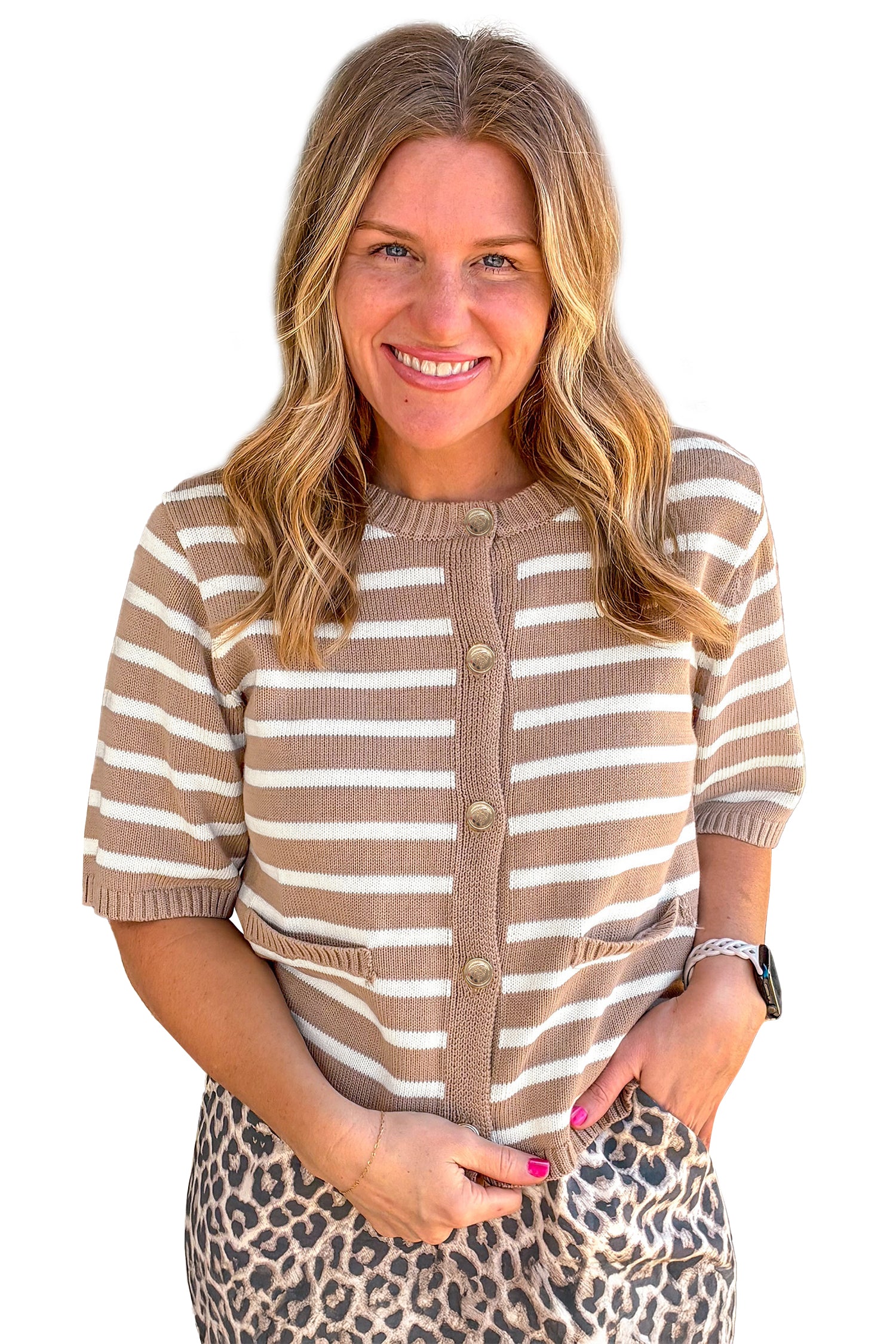 Khaki Stripe Button Down Short Sleeve Knit Plus Size Cardigan
