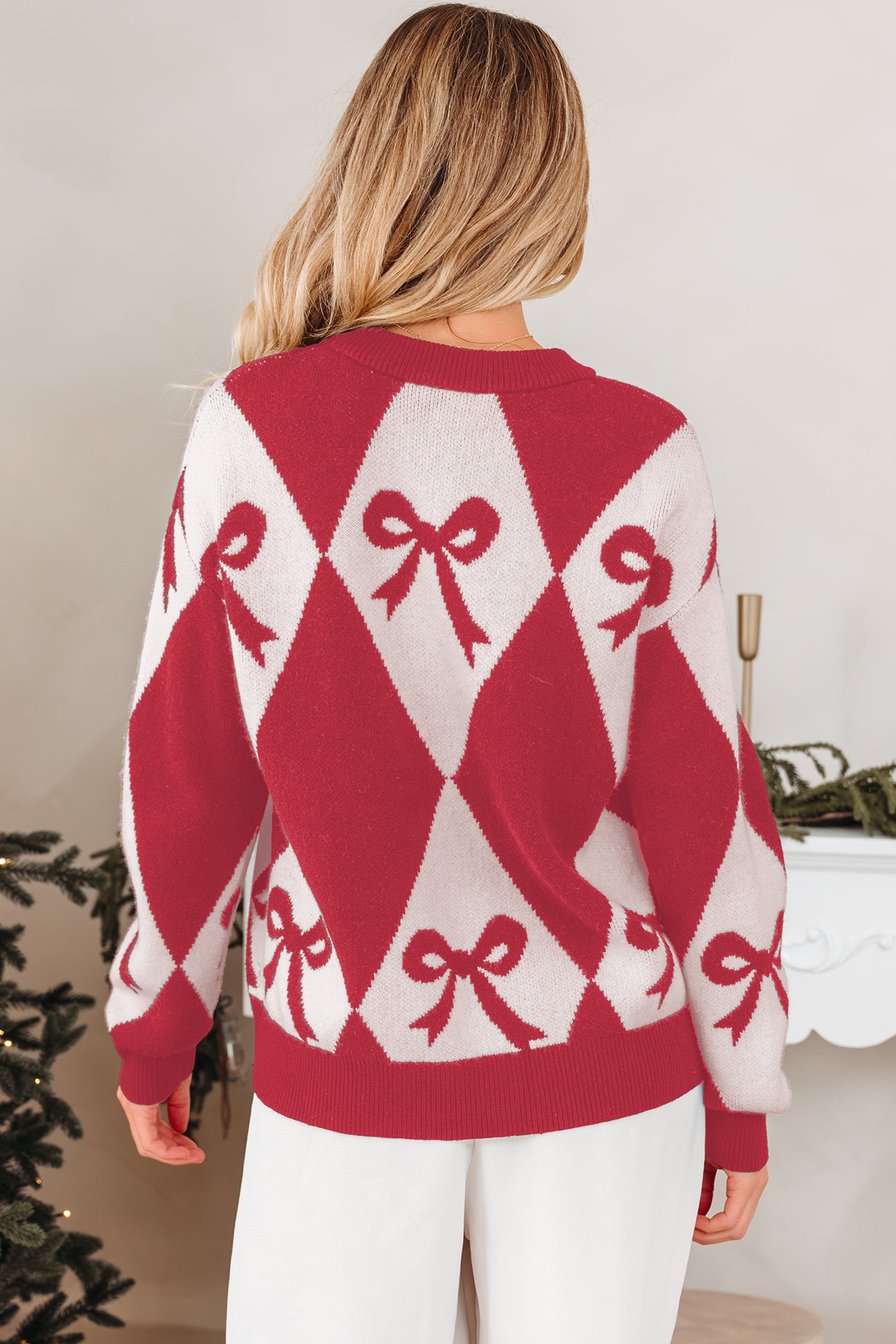 Black Bow Print 2-tone Rhombus Knit Loose Sweater
