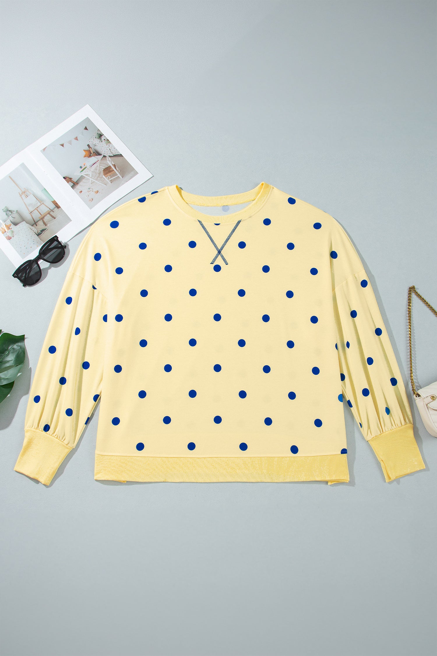Beige Round Neck Long Sleeve Polka Dot Plus Size Top