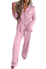 Delicacy Contrast Piping Trim Lapel Button Down Top 2pcs Lounge Pajama Set
