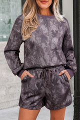 Brown Abstract Woodland Camo Print Baggy Pullover Drawstring Shorts Set