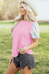 Pink Round Neck Textured Contrast Floral Bubble Sleeve Blouse