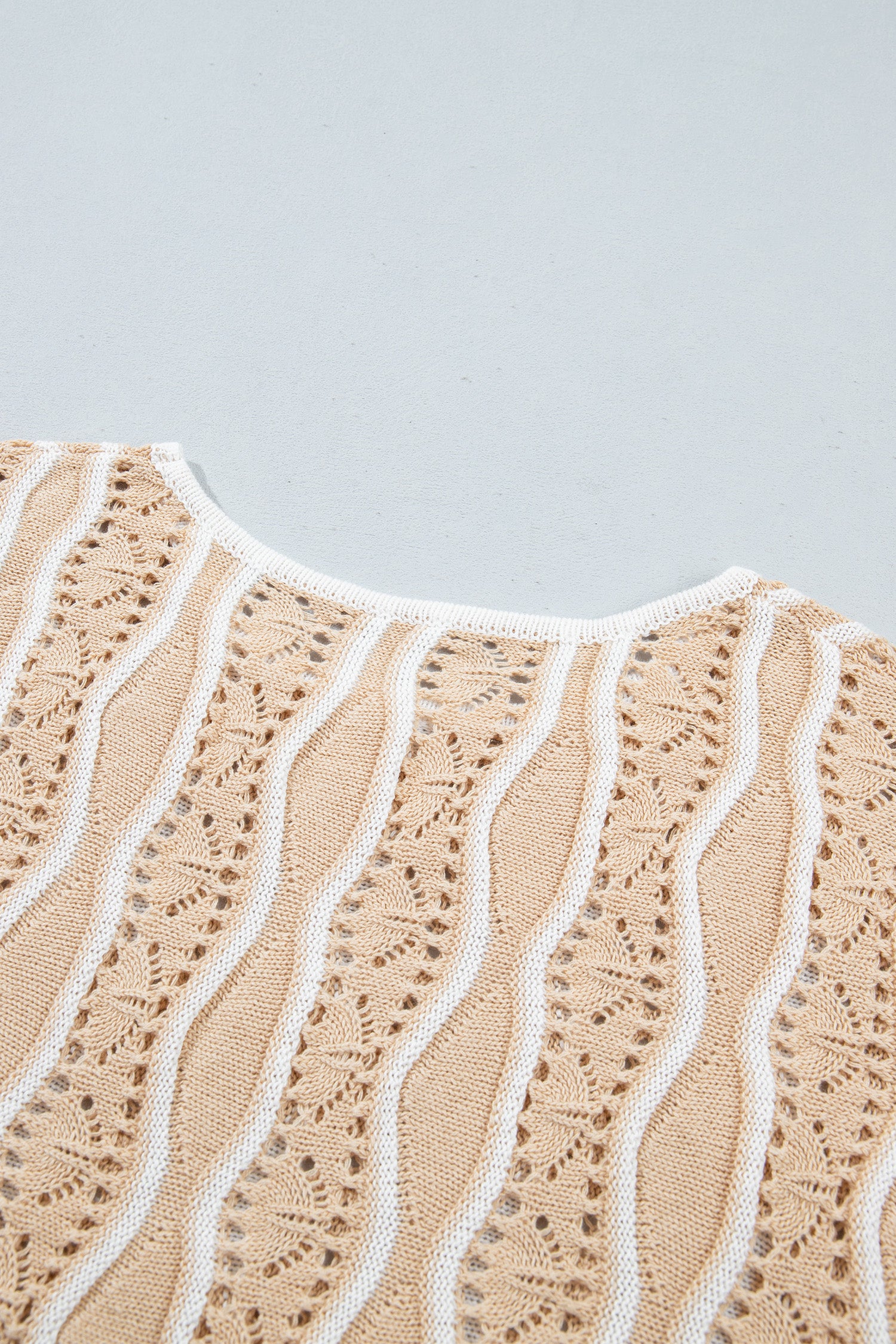 Pink Wavy Detail Hollow Out Knit Long Sleeve Cotton Pullover Sweater