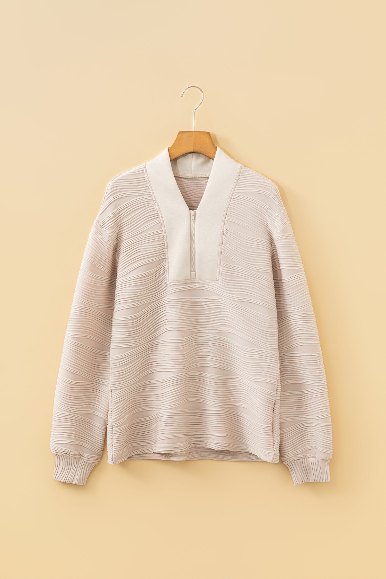 Parchment Solid Color Zipper V Neck Pullover Sweatshirt