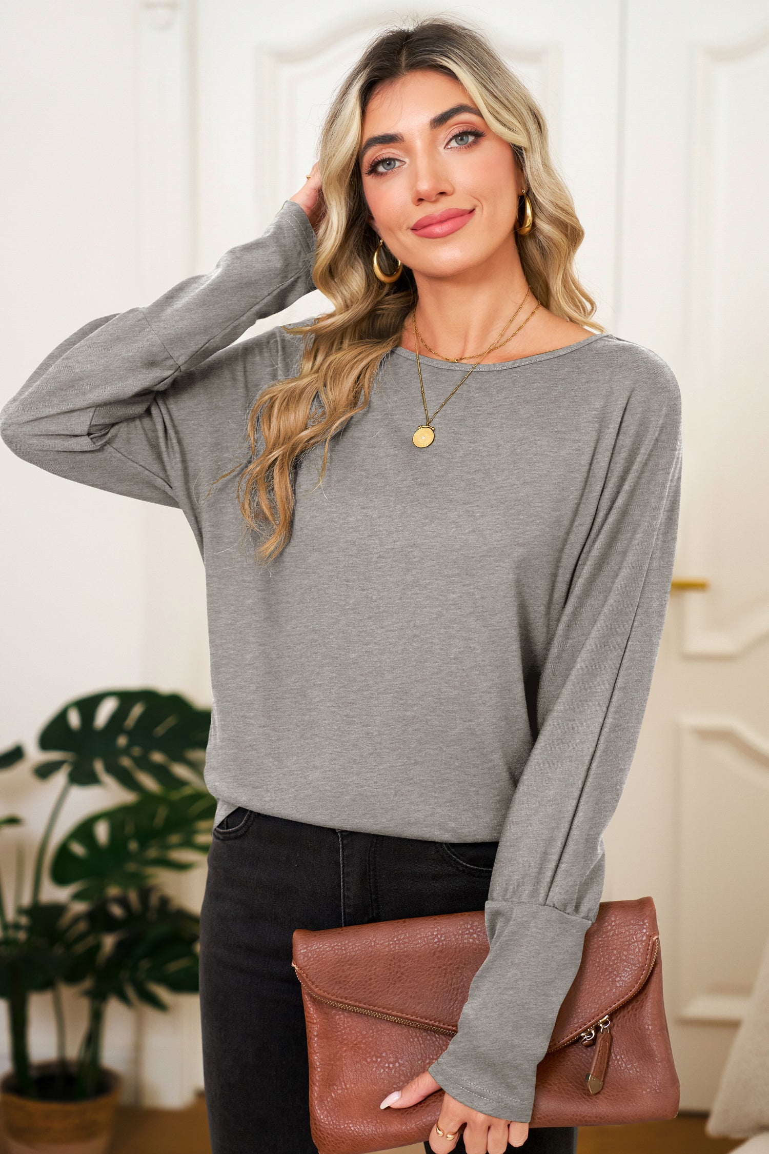 Red Dahlia Solid Color Round Neck Dolman Sleeve Top