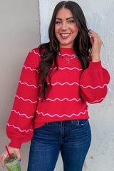 Red Stripe Striped Round Neck Long Sleeve Shift Pullover Sweater