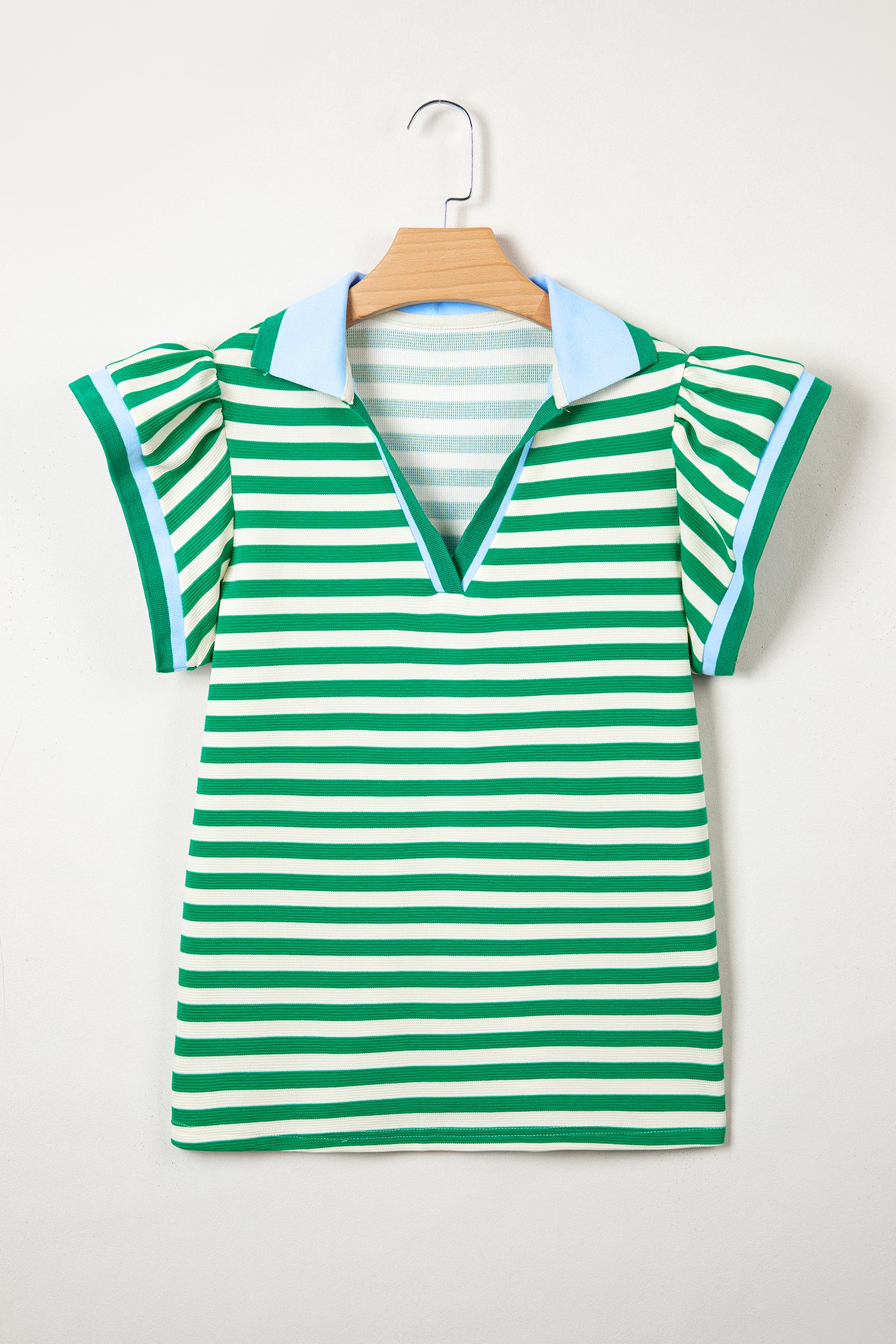Rose Stripe Contrast Trim Polo Collar Ruffled Short Sleeve Blouse