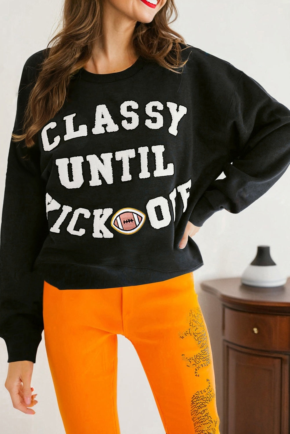 Navy Blue CLASSY UNTIL KICKOFF Plush Letter Patched Loose Sweatshirt