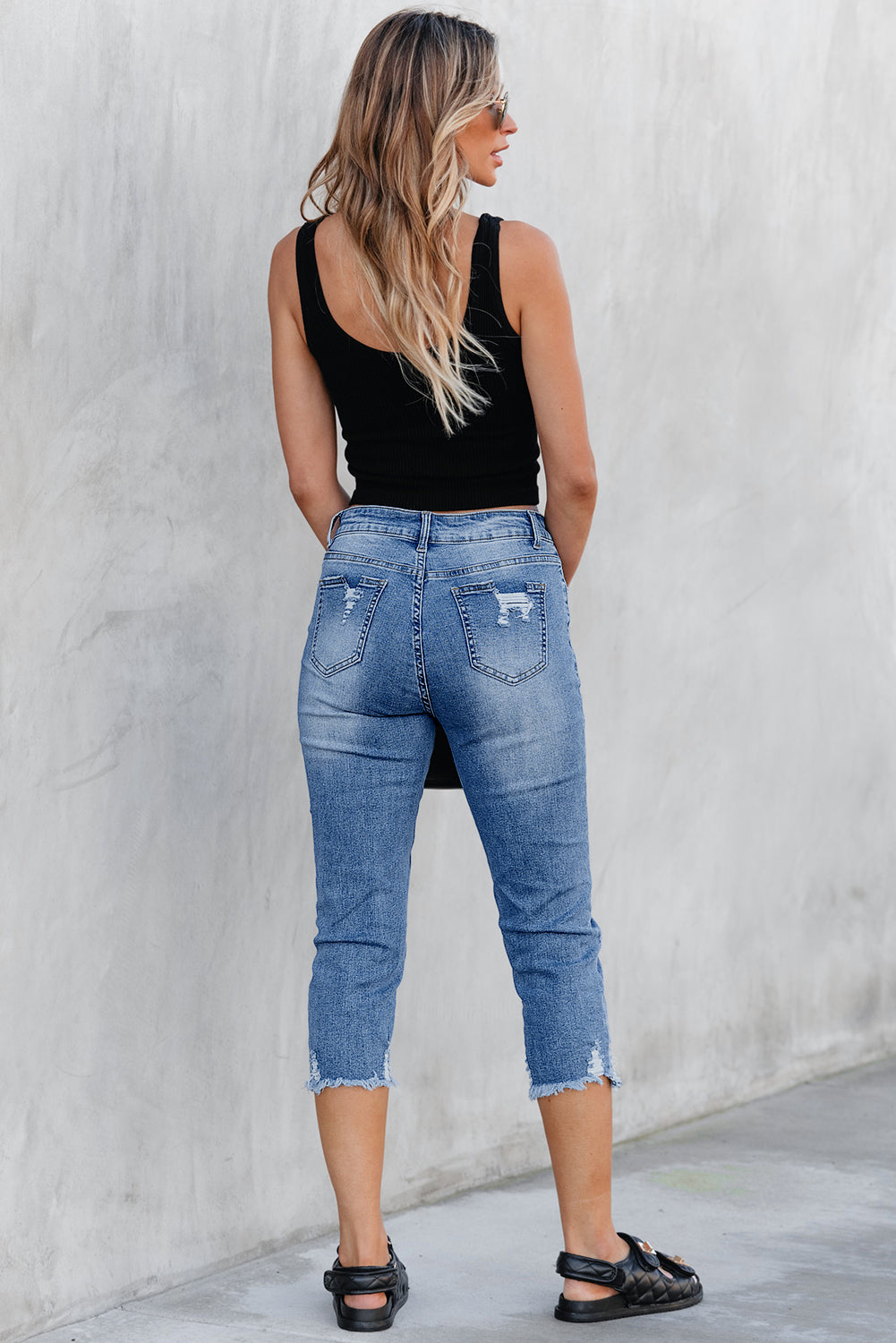 Sky Blue Skinny Distressed Capri Jeans