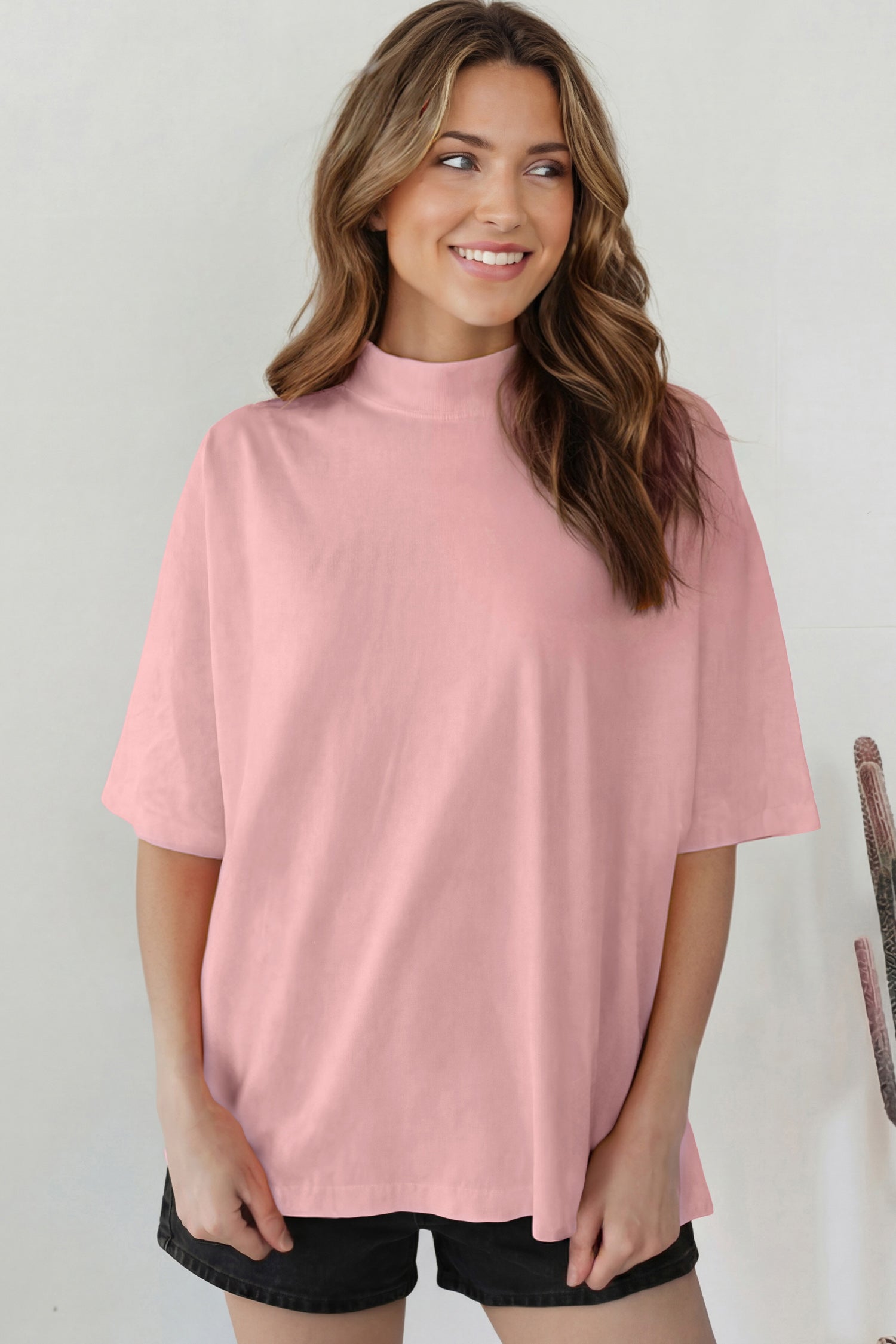 Dark Blue Solid Color High Neck Oversize Tee