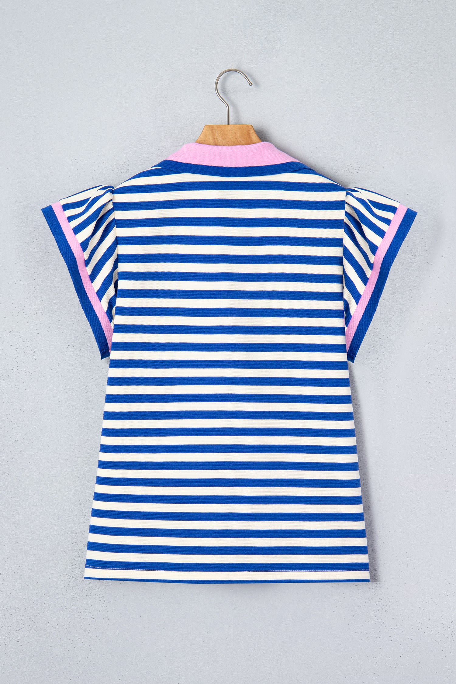 Rose Stripe Contrast Trim Polo Collar Ruffled Short Sleeve Blouse
