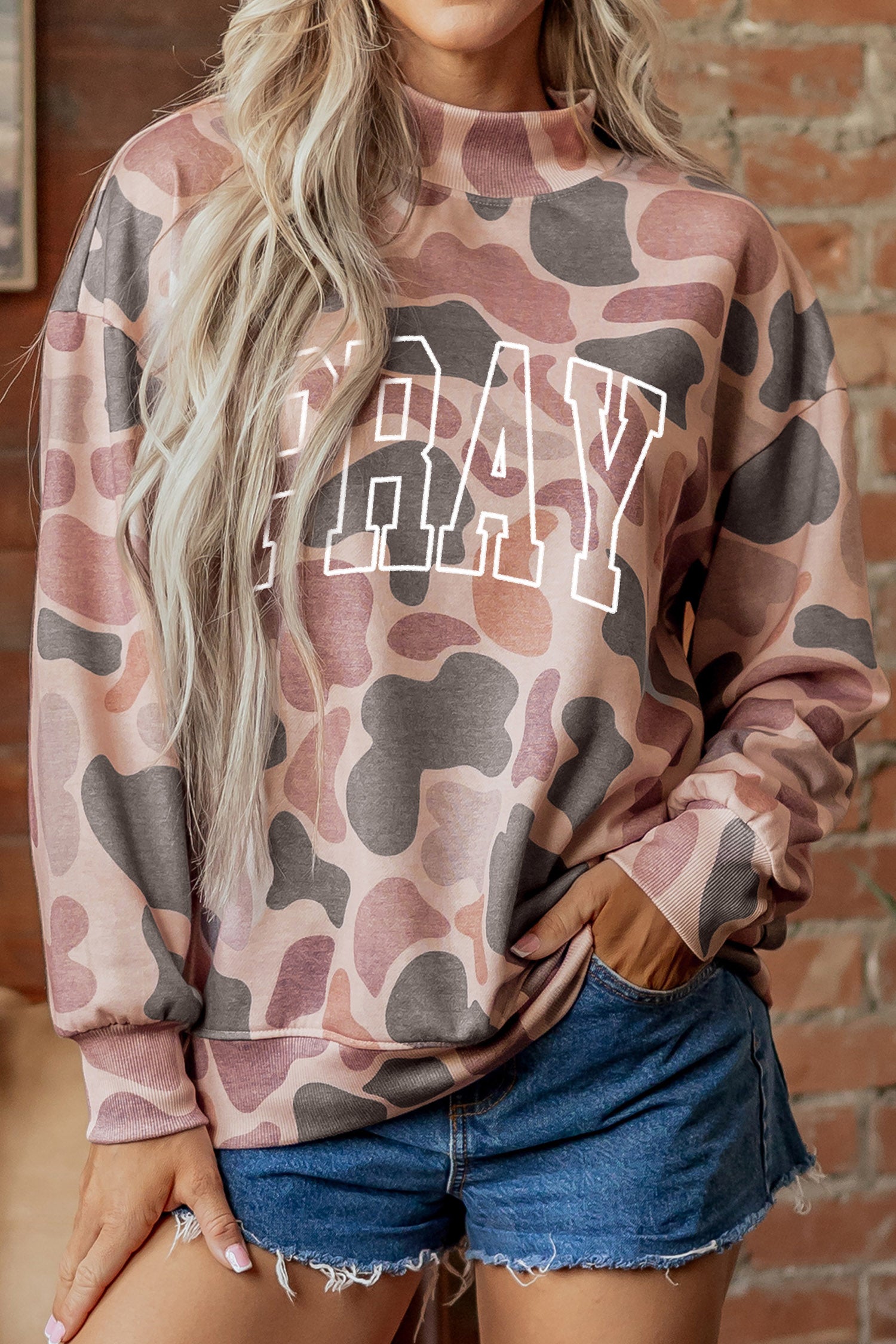 Multicolour Embroidered Slogan Camo Pullover Sweatshirt