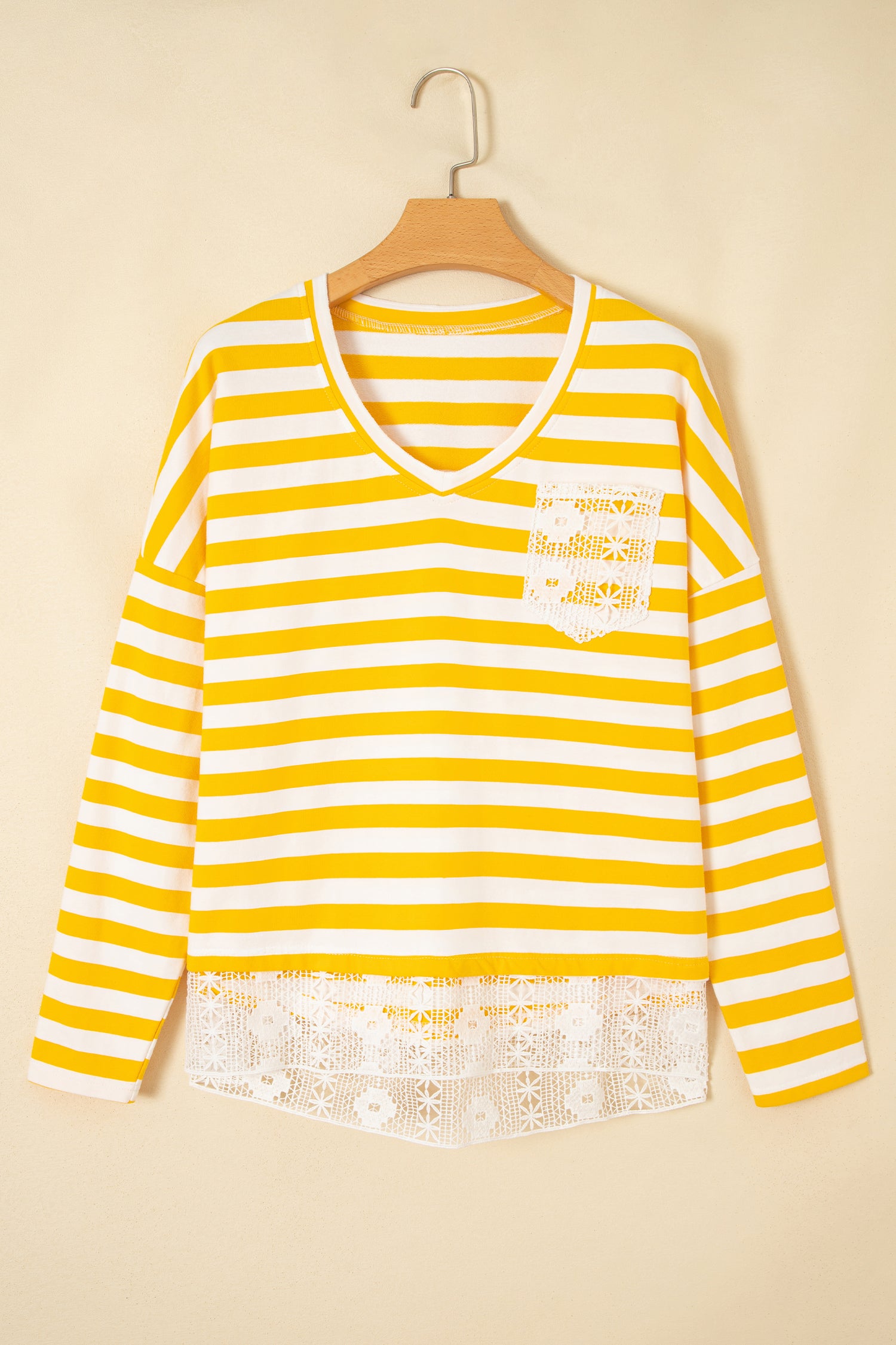 Yellow Stripe Striped Lace Patchwork V Neck Long Sleeve Top