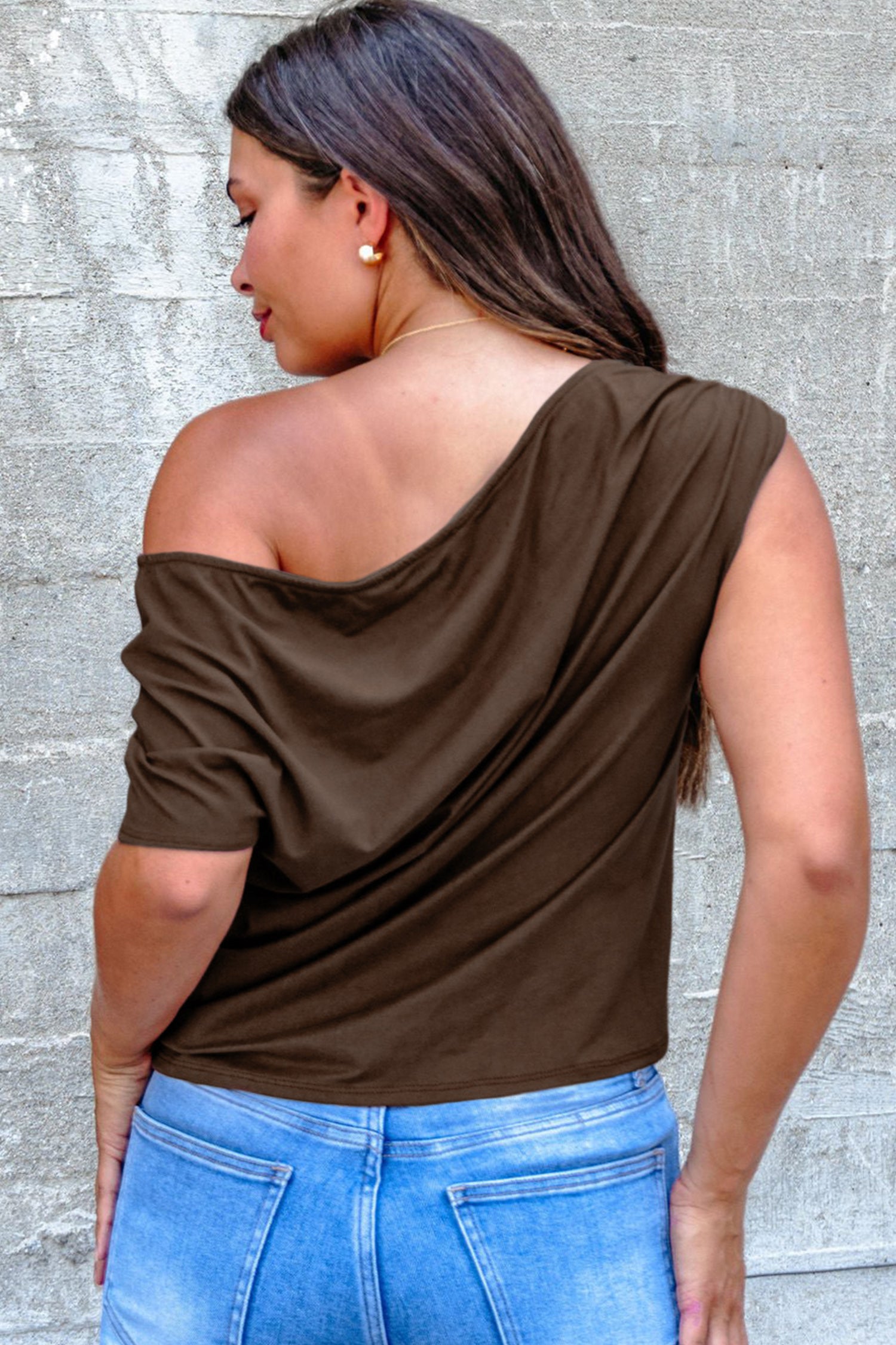 Burgundy Plus Size Solid Color Asymmetric Neck Short Sleeve Blouse
