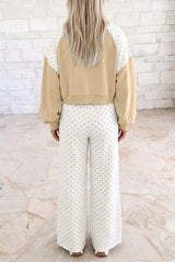 Khaki Polka Dot Patchwork Colorblock Long Sleeve Casual Two Piece Pants Set