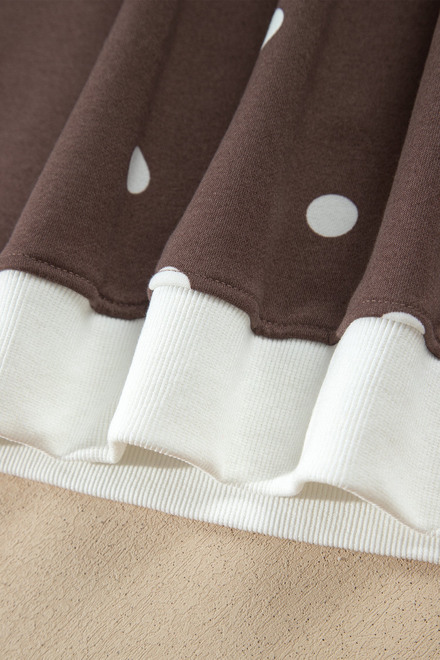 Brown Polka Dot Ribbed Trim Long Sleeve Top Casual Short Set
