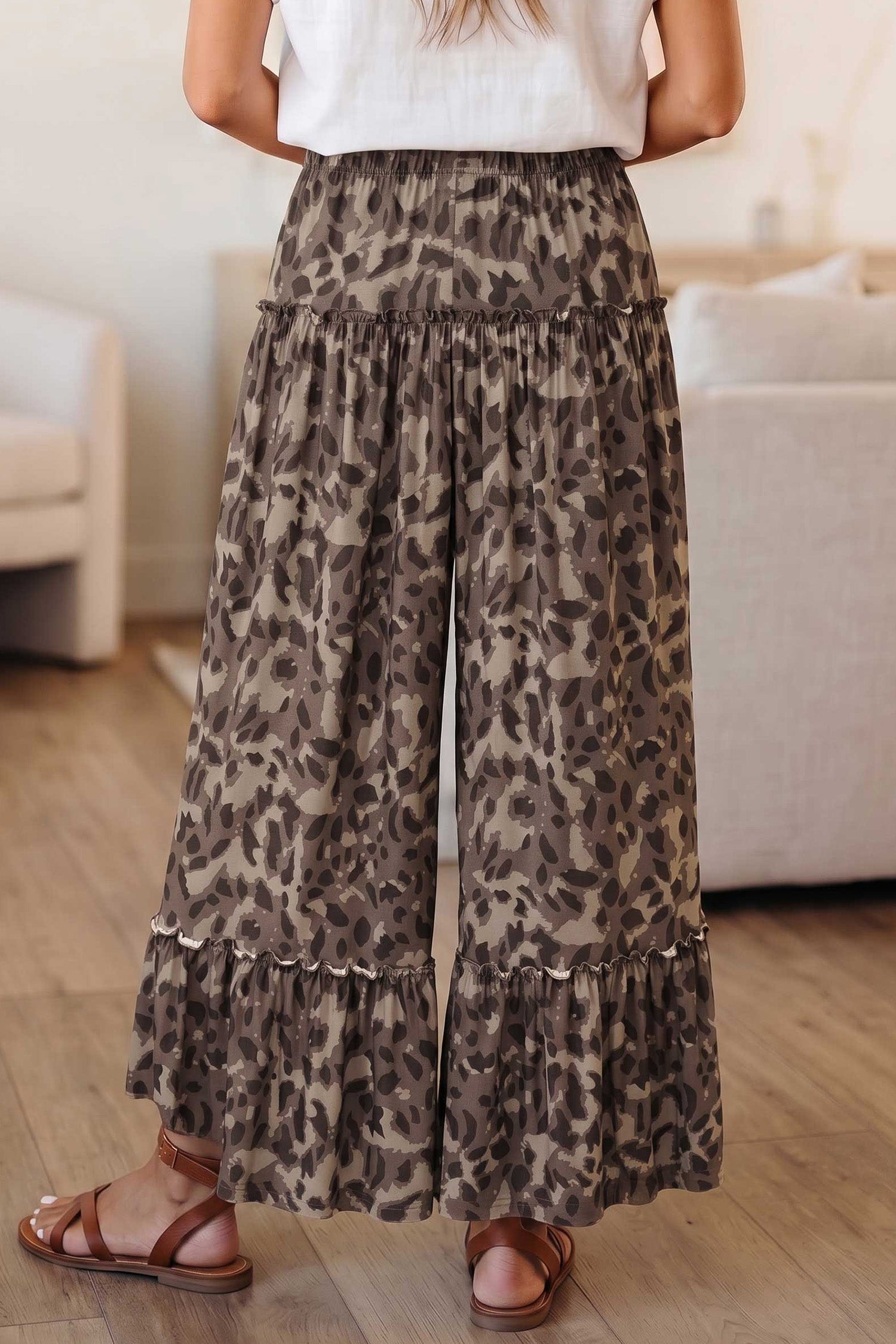 Beige Camo Print Wide Leg Casual Pants
