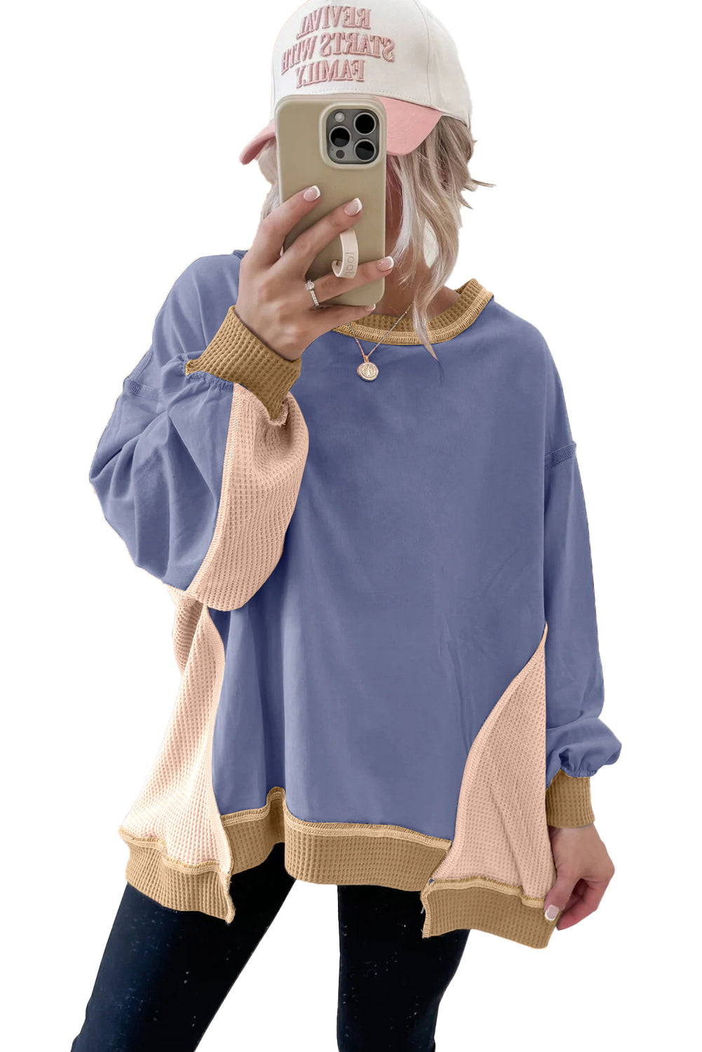 Wild Wind Colorblock Waffle Patchwork Oversize Sweatshirt