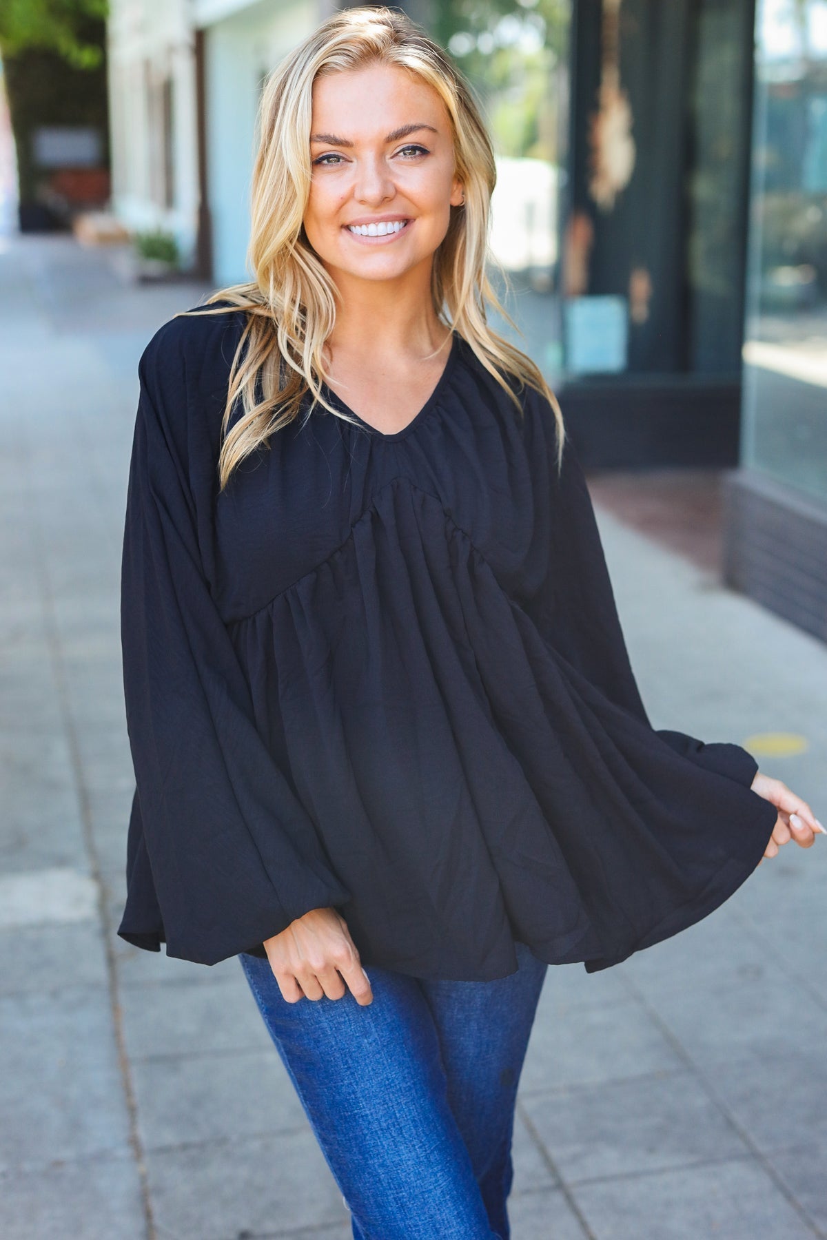 Simple Elegance Black V Neck Babydoll Woven Top