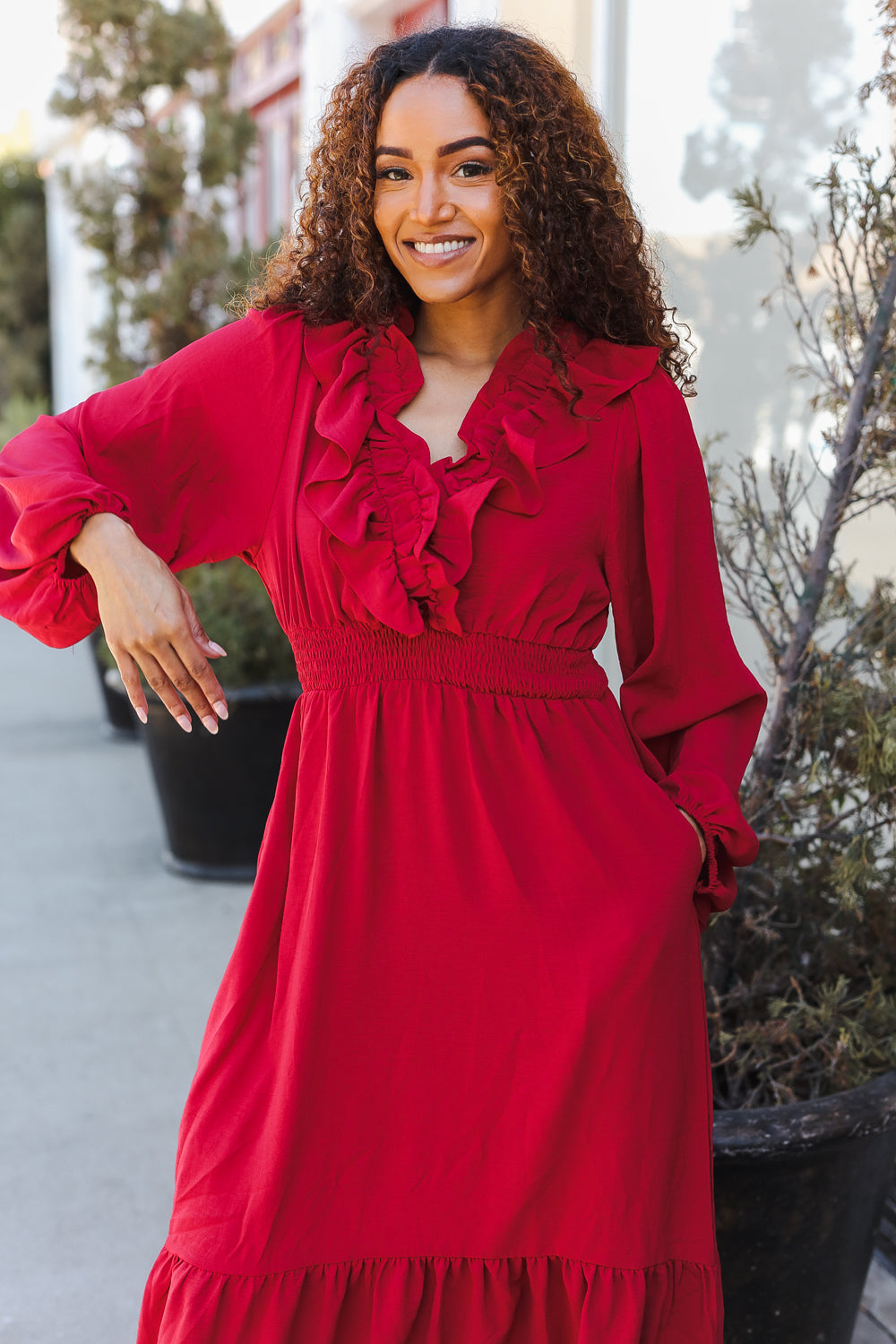 Beautiful You Holiday Red Overlap Ruffle V Neck Midi Dress