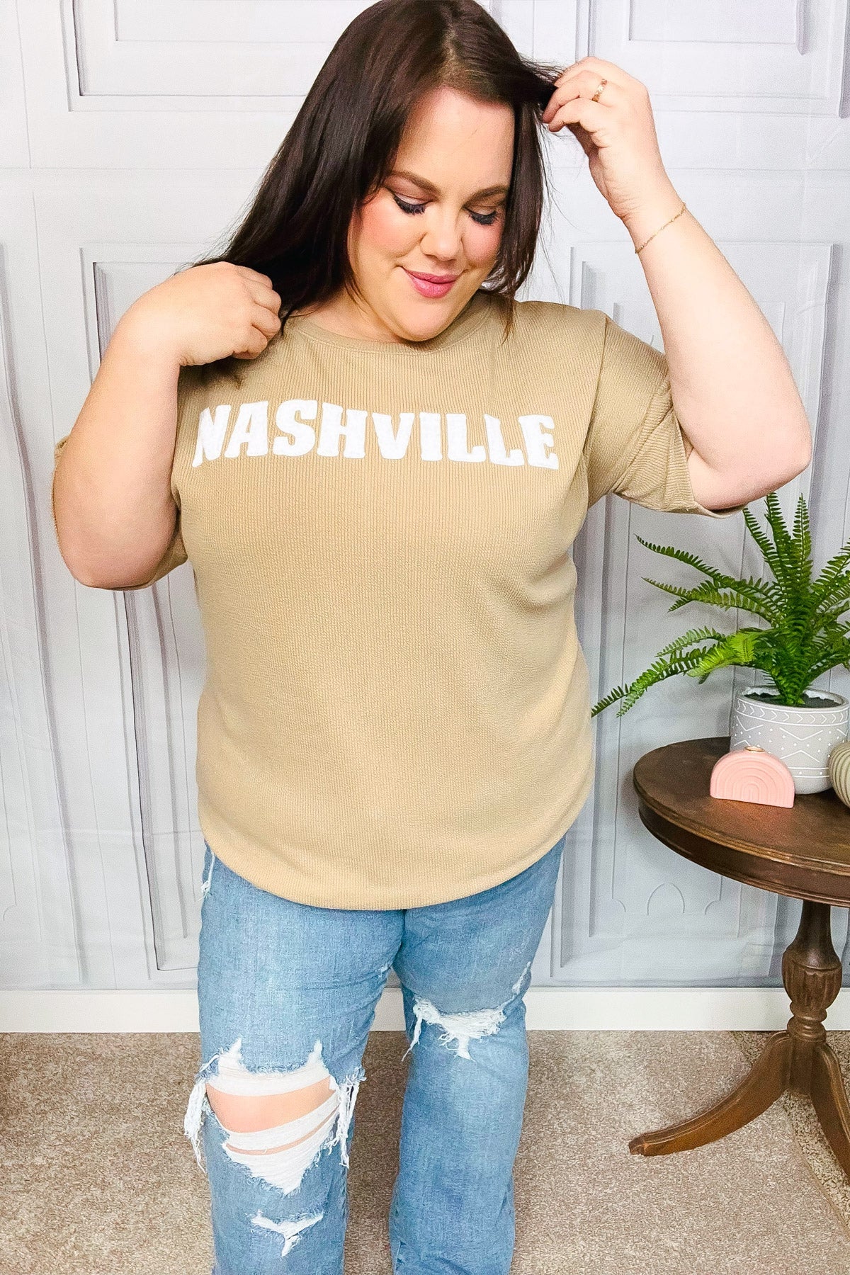 Taupe Pop-Up Embroidered "NASHVILLE" Ribbed Top