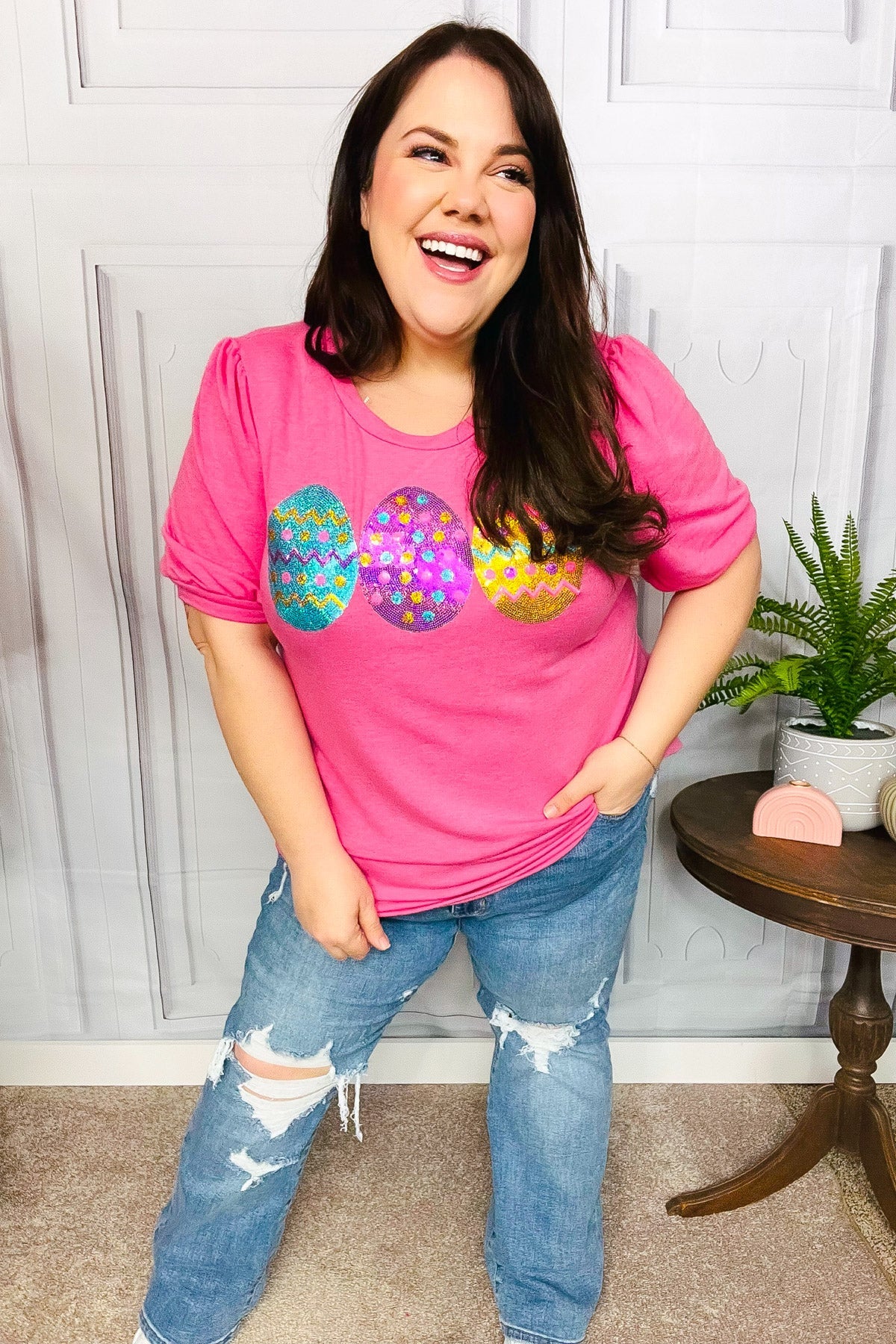 Turn Heads Hot Pink Sequin Easter Egg Terry Top