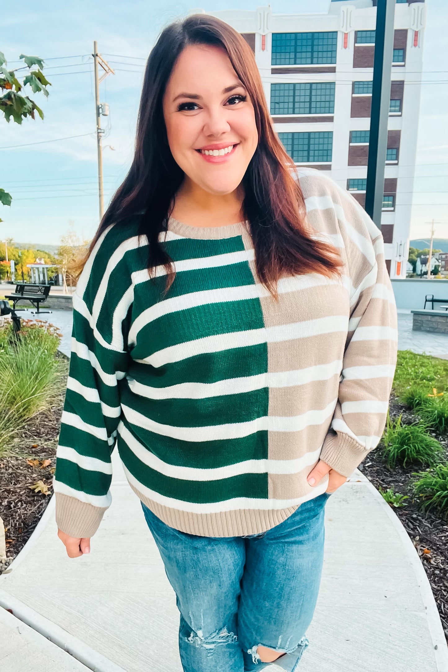 Hunter Green & Taupe Striped Color Block Sweater