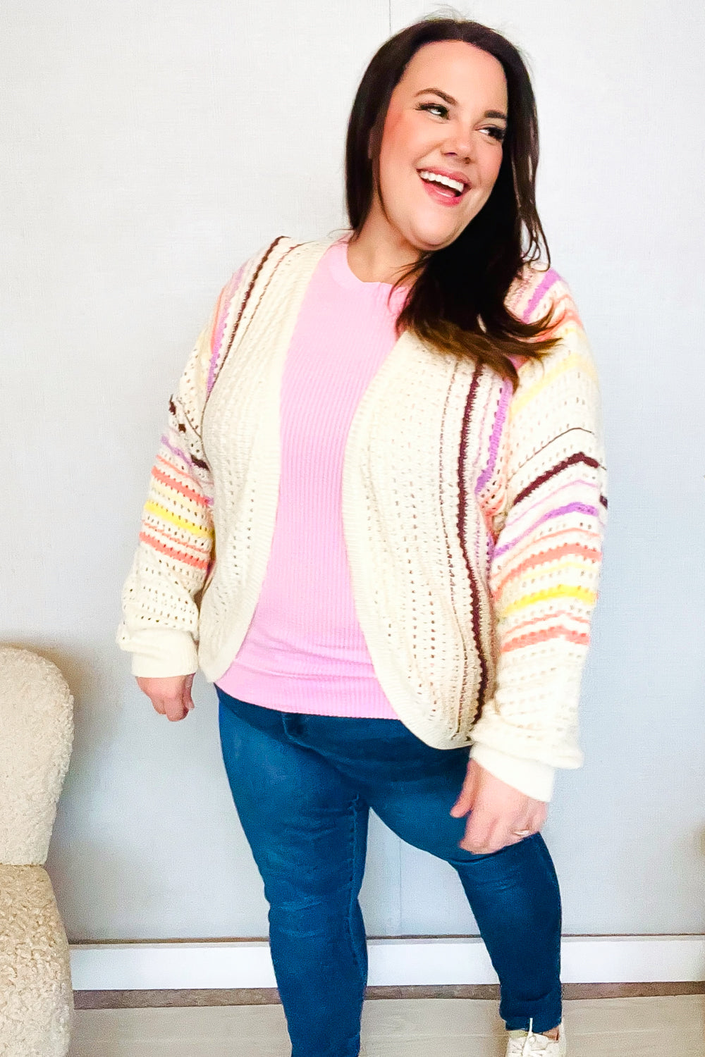 Easy Living Oatmeal Multicolor Stripe Dolman Crochet Cardigan