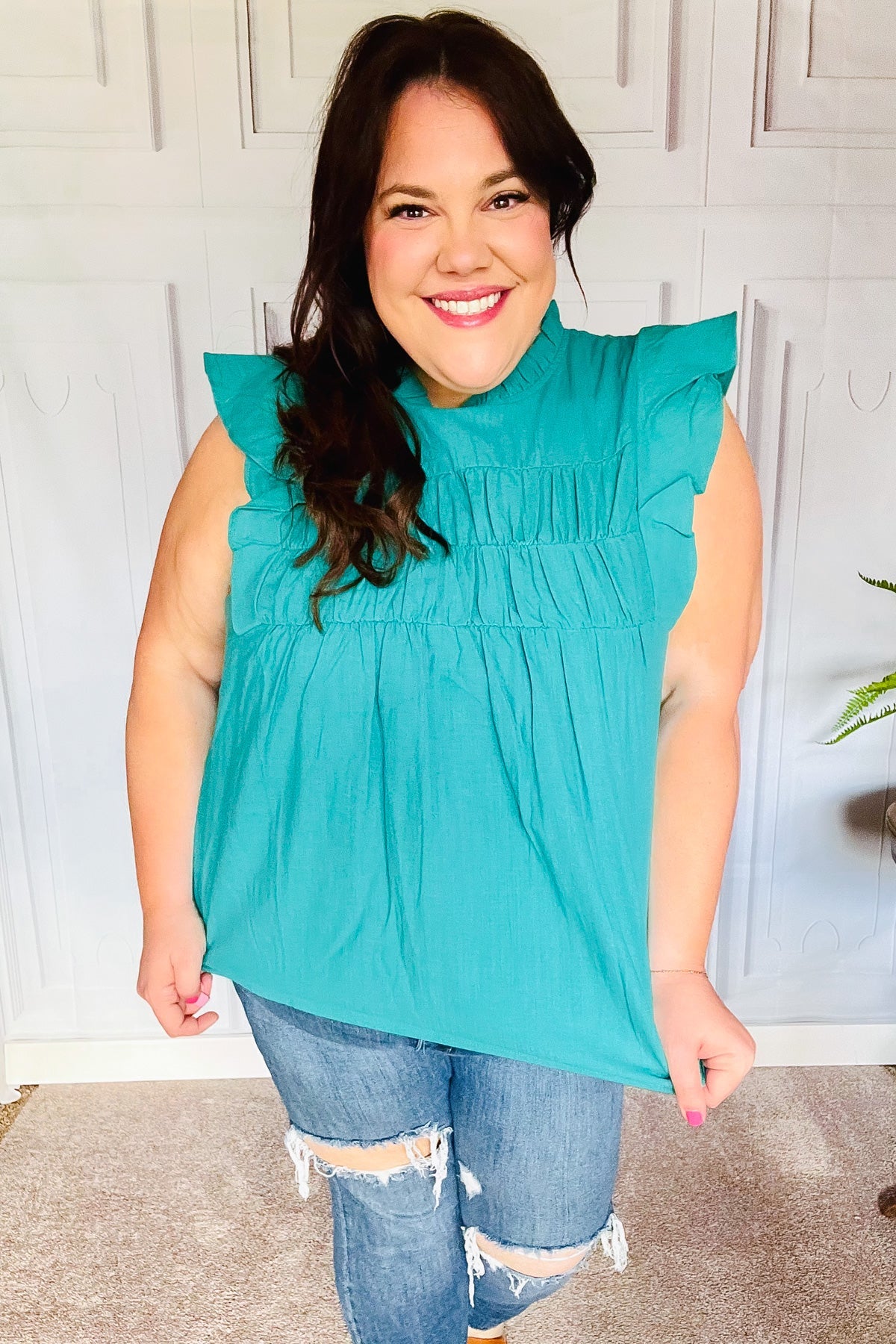 Love Life Cotton Turquoise Frill Mock Neck Flutter Sleeve Top