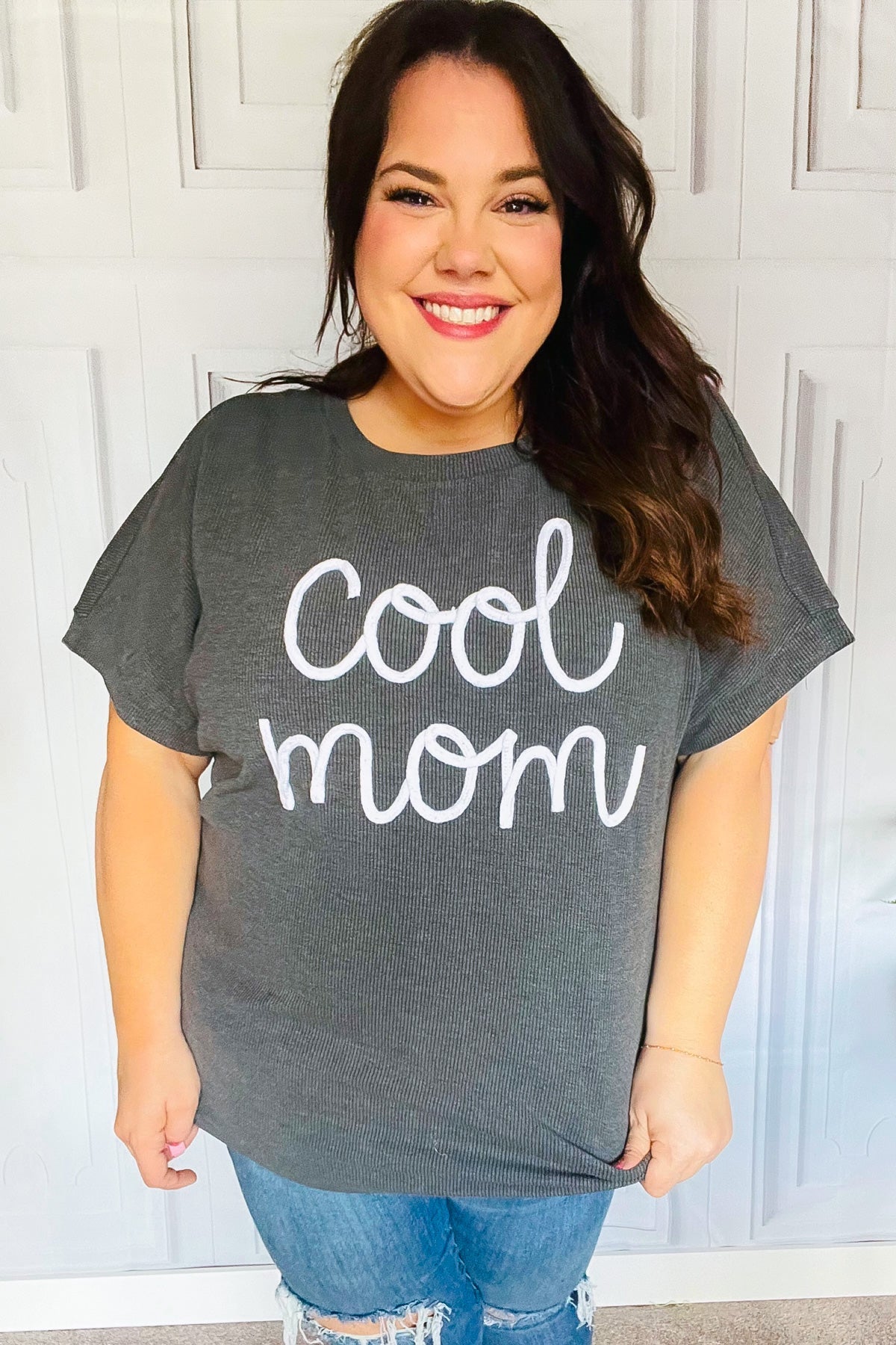 Take A Bow Charcoal "Cool Mom" Embroidery Pop-Up Rib Dolman Top