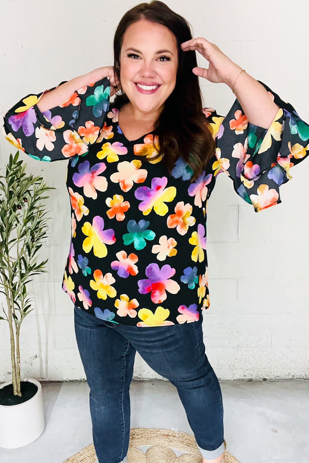 Be Bold Black Floral Hi-Lo Ruffle Sleeve Woven Top